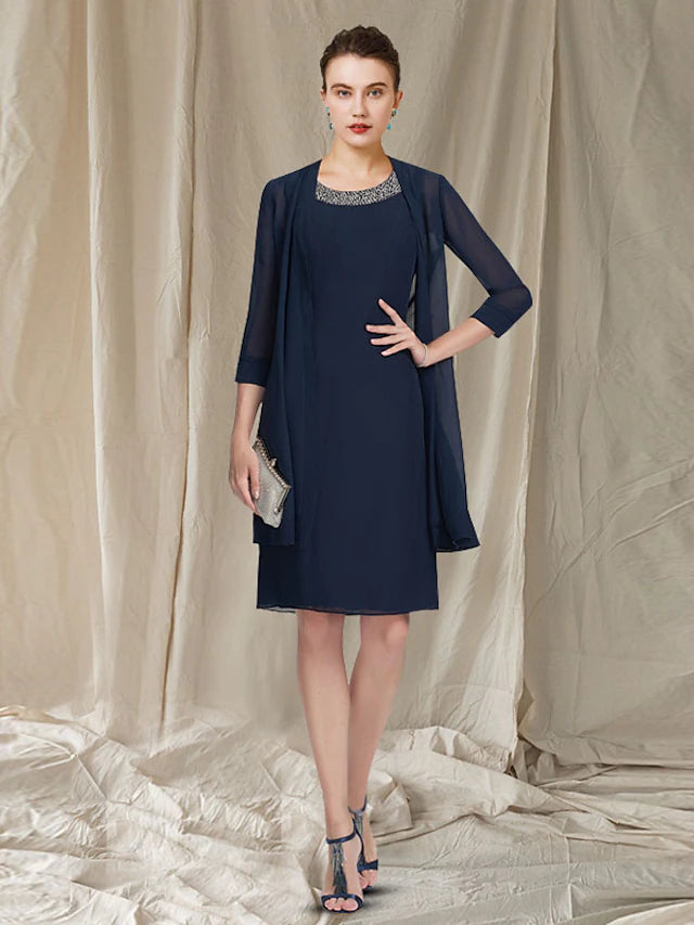 Luolandi Two Piece Sheath / Column Mother of the Bride Dress Elegant Jewel Neck Knee Length Chiffon Sleeveless Jacket Dresses with Beading